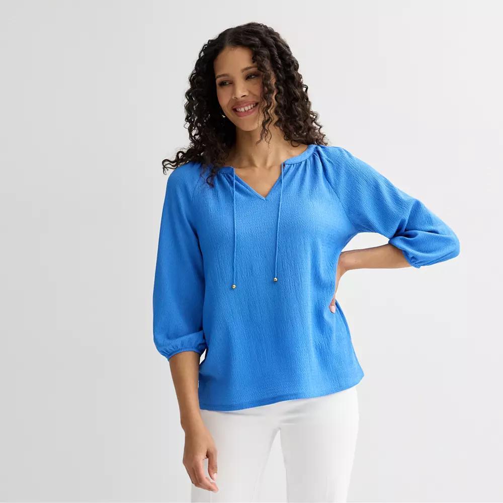 Petite Croft & Barrow® Three-Quarter Balloon Sleeve Peasant Top, Women's, Size: XS Petite, Valen River Product Image