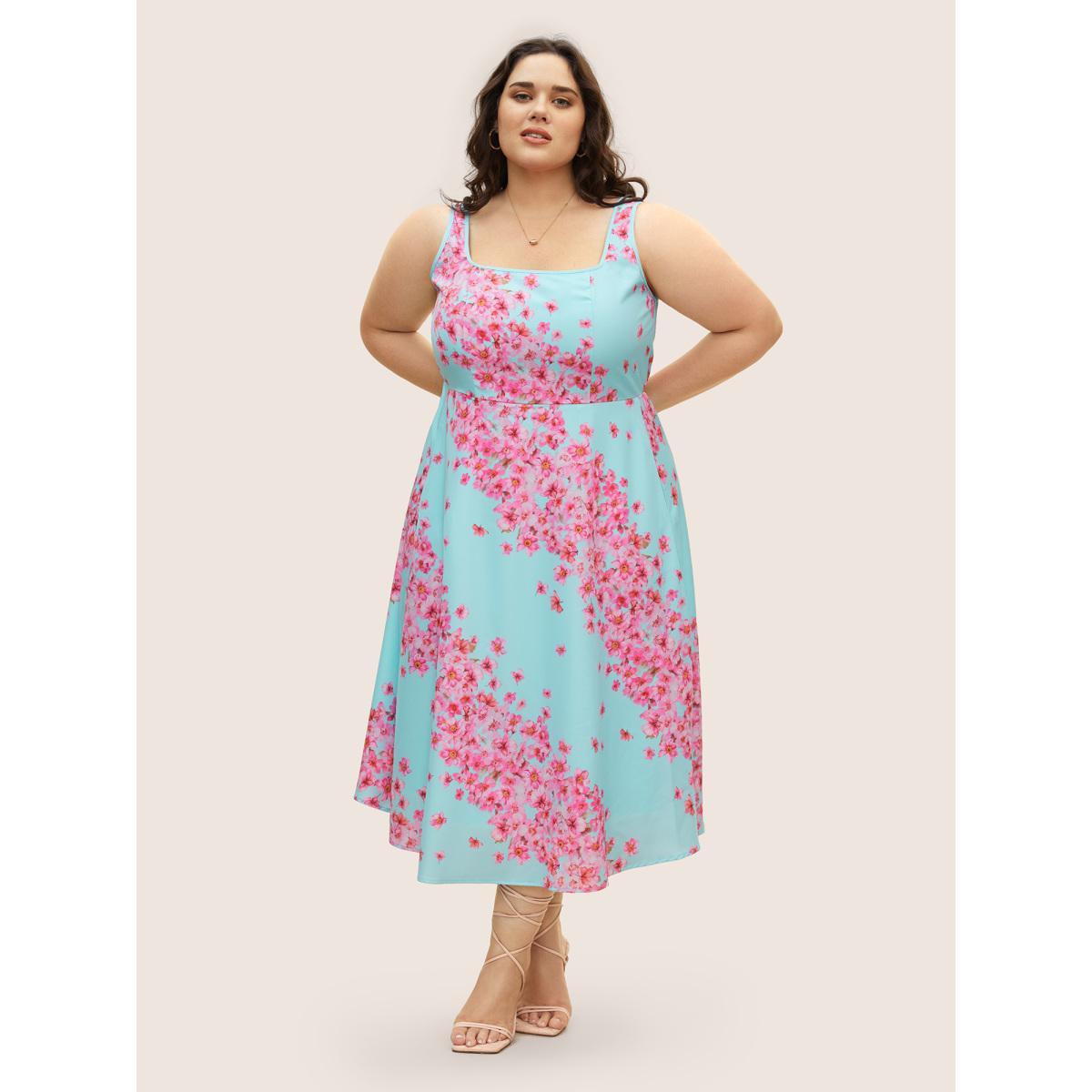 Plus Size Boho Print Square Neck Elastic Waist Dress Skyblue Women Elegant Square Neck Sleeveless Curvy BloomChic 14-16/1X Product Image