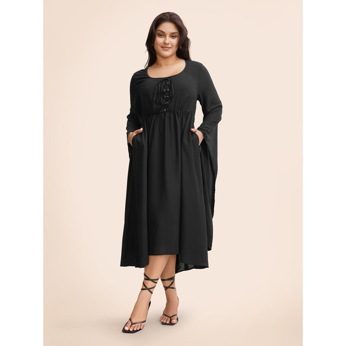 Plus Size Solid Bell Sleeve Pocket Ties High Low Hem Dress Black Women Playful Non V-neck Long Sleeve Curvy Midi Dress BloomChic 26/4X Product Image