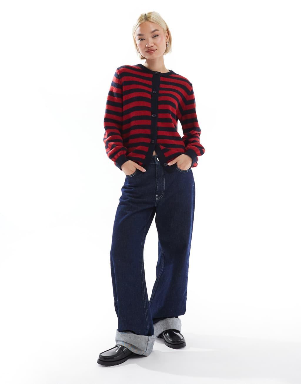 ASOS DESIGN knit fluffy cardigan in blurred navy and red stripe Product Image