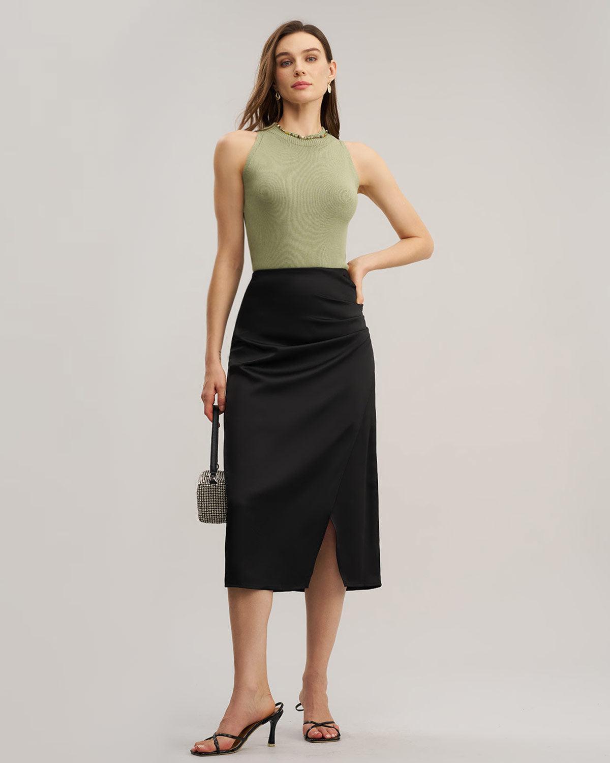 Black Ruched Wrap Midi Skirt Product Image