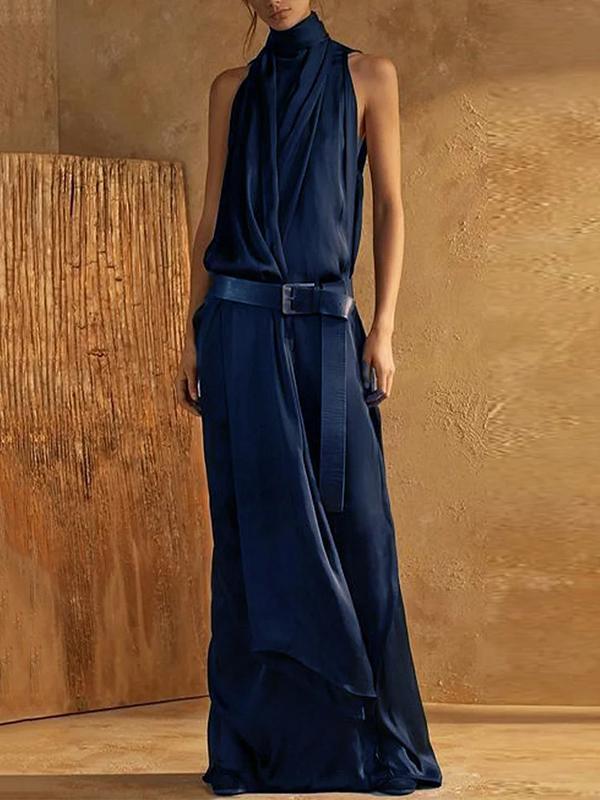 Loose Sleeveless Solid Color Split-Joint High Neck Maxi Dresses Product Image