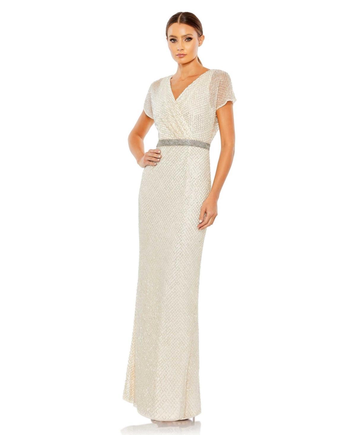 Womens Beaded V-Neck Column Gown Product Image