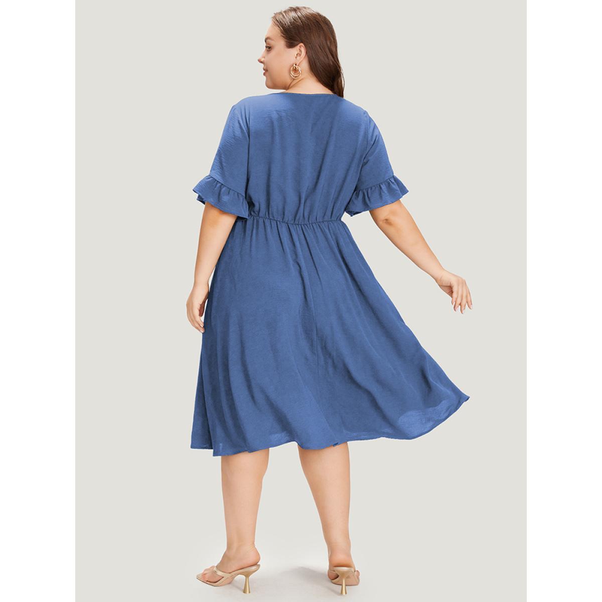 Plus Size Solid Bell Sleeve Button Detail Pocket Gathered Dress DarkBlue Women Elegant V-neck Half Sleeve Curvy Midi Dress BloomChic 30/6X Product Image