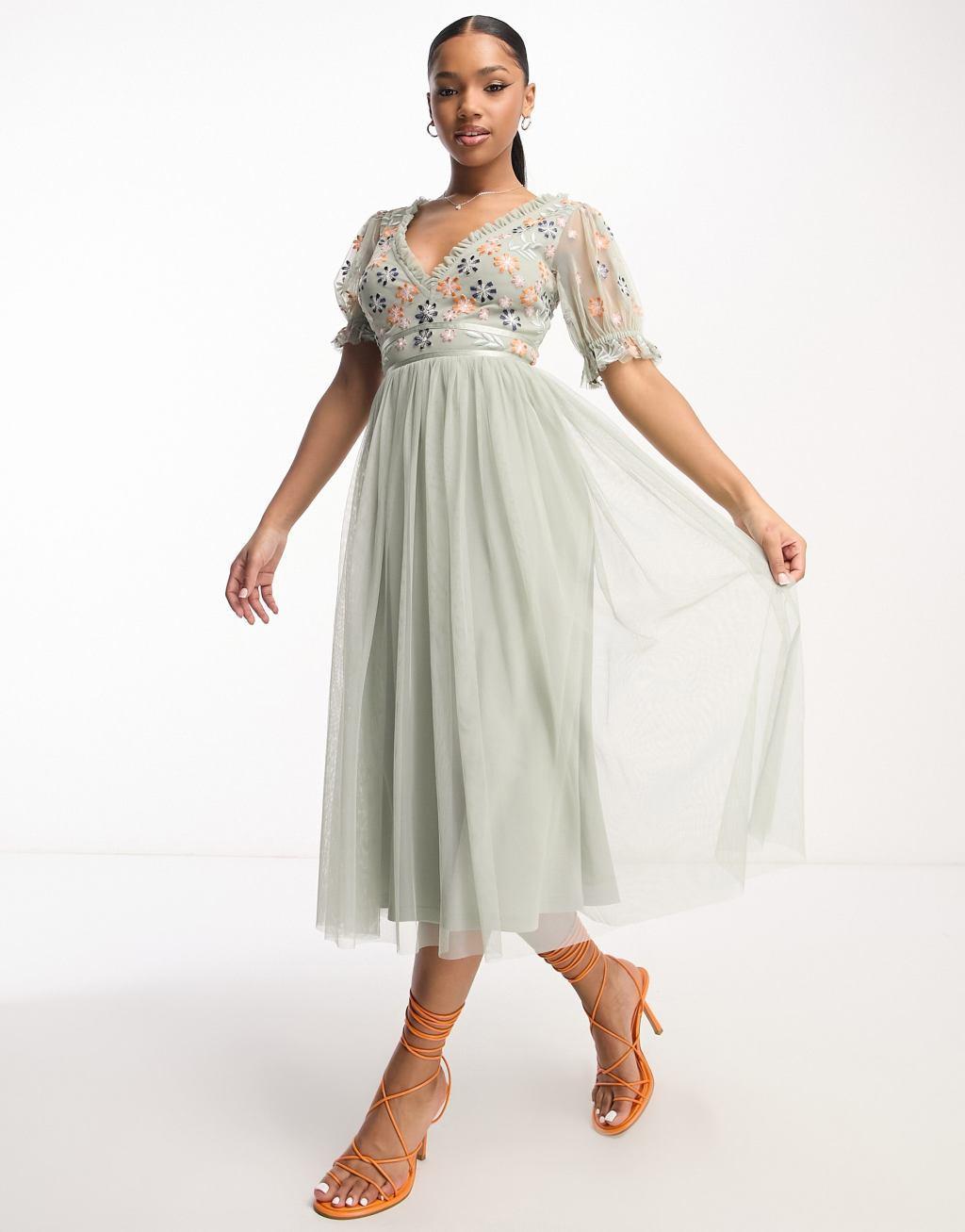 Maya ruffle sleeve midi dress with embroidery Product Image