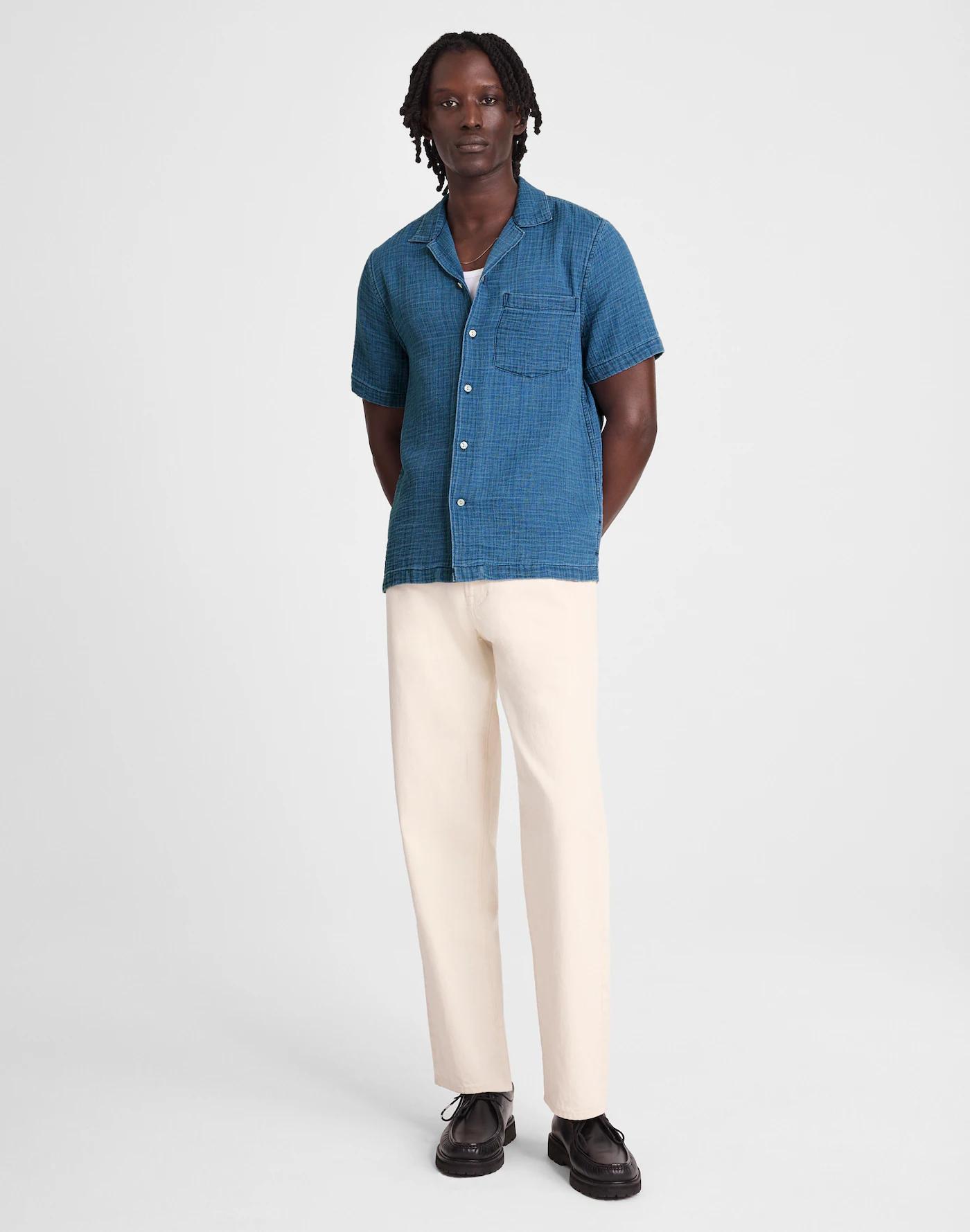 Indigo-Dyed Short-Sleeve Button-Up Shirt Product Image