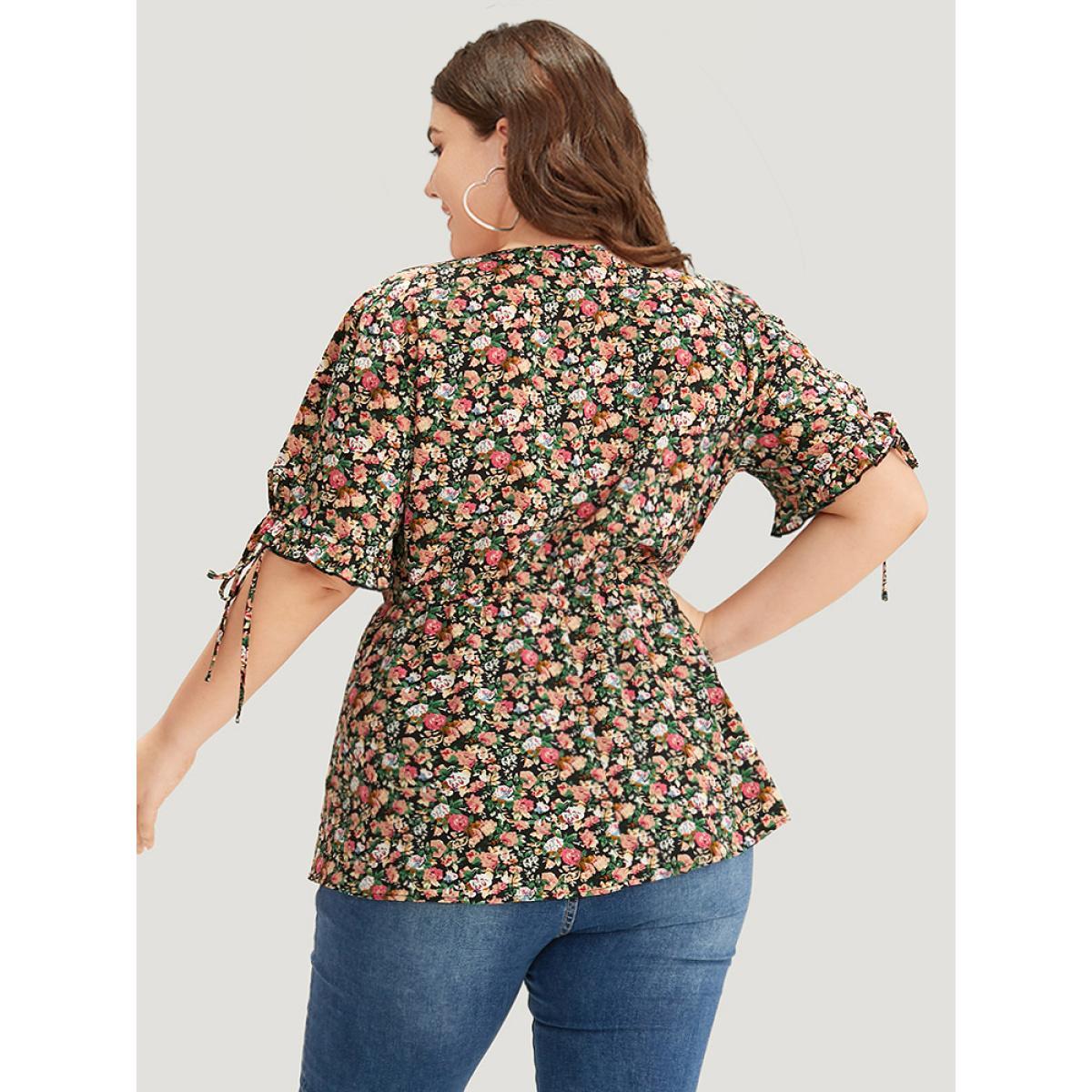 Plus Size Black Ditsy Floral Wrap Ties Gathered Ruffle Hem Blouse Women Elegant Short sleeve V-neck Dailywear Blouses BloomChic 18-20/2X Product Image