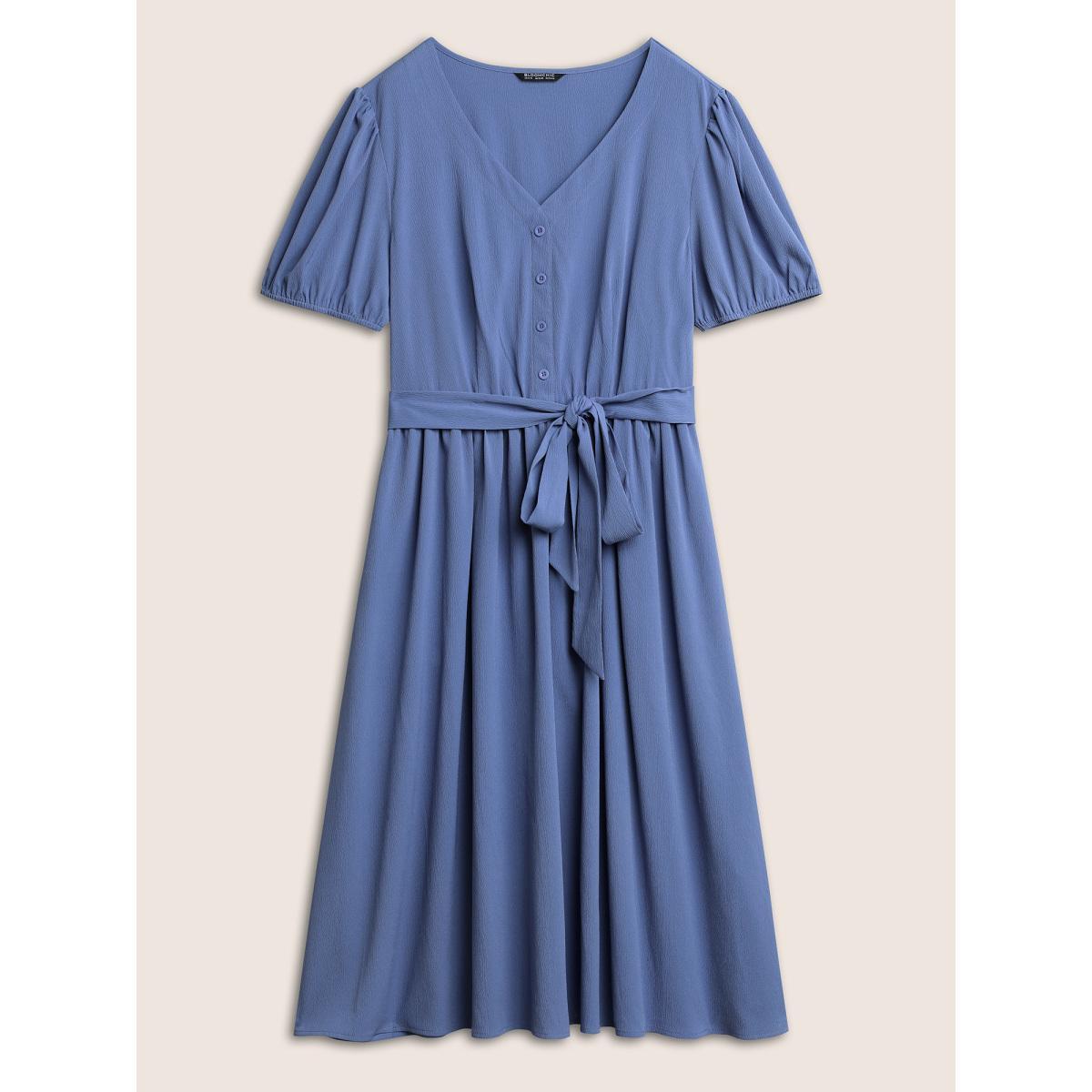 Plus Size Solid Button Detail Belted Elastic Waist Dress Stone Women At the Office Non V-neck Short sleeve Curvy Midi Dress BloomChic 14-16/1X Product Image