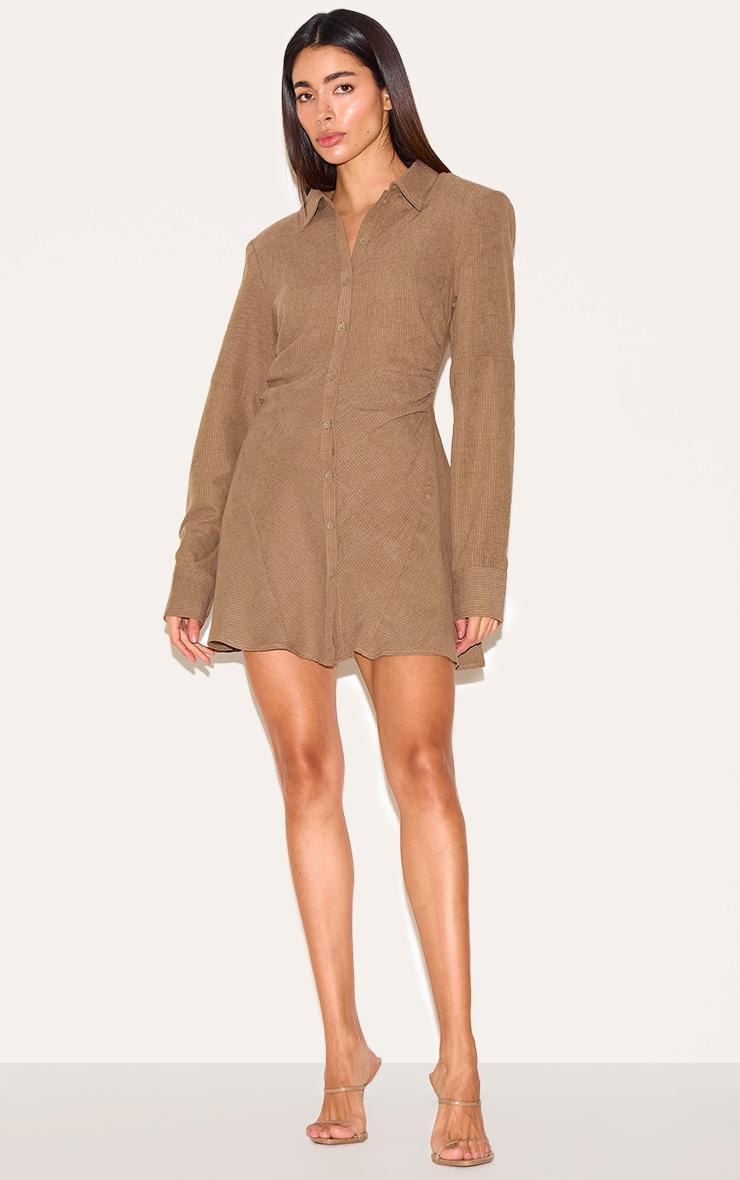 Mushroom Structured Ruched Detail Long Sleeve Shirt Dress Product Image