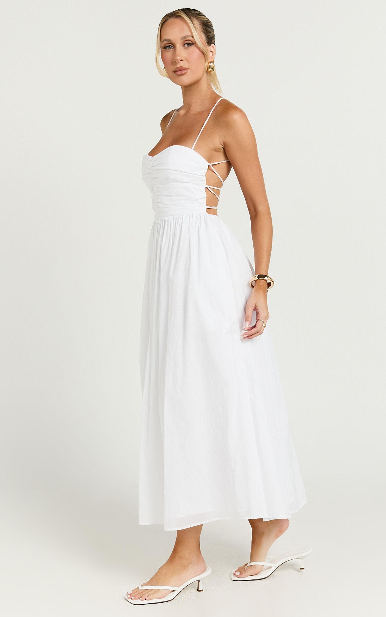 Caroline Midi Dress - Strapped Ruched Bodice Gathered Skirt Dress in White Product Image