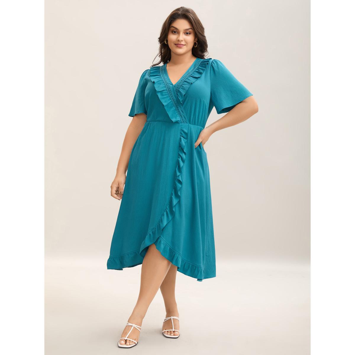 Plus Size Ruffled Lace Trim Pockets Plain Midi Dress Cerulean Women Overlap Collar Short sleeve Curvy BloomChic 26/4X Product Image