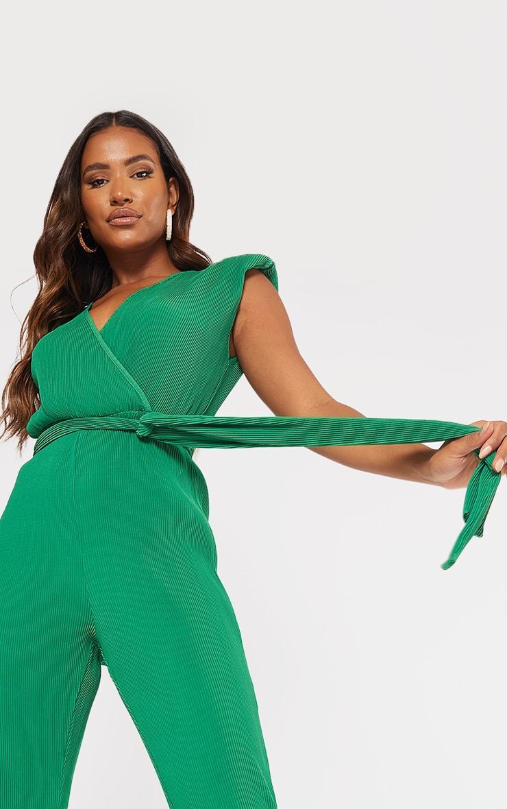 Bright Green  Pleated Shoulder Pad Flared Leg Jumpsuit Product Image