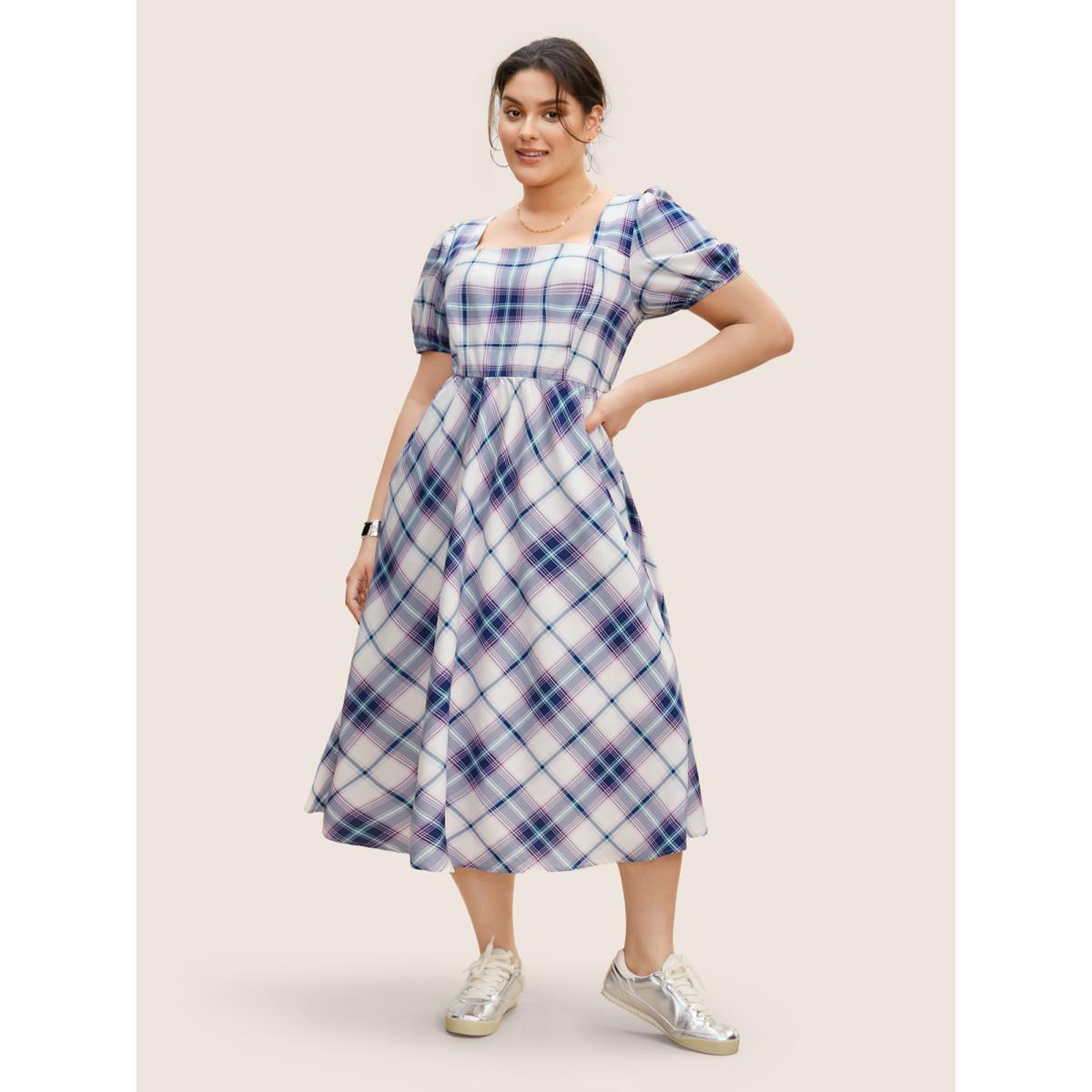 Plus Size Square Neck Plaid Gathered Puff Sleeve Dress DarkBlue Women Casual Gathered Square Neck Short sleeve Curvy BloomChic 18-20/2X Product Image