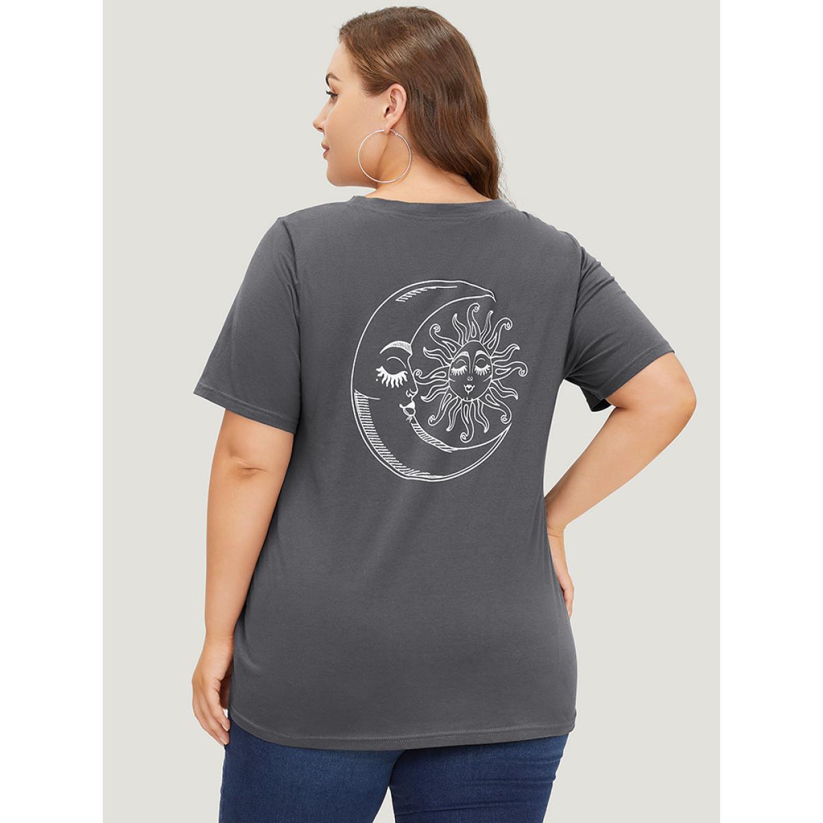 Plus Size Sun & Moon Print Graphic Round Neck T-shirt DimGray Women Casual Star and moon Dailywear T-shirts BloomChic 26/4X Product Image