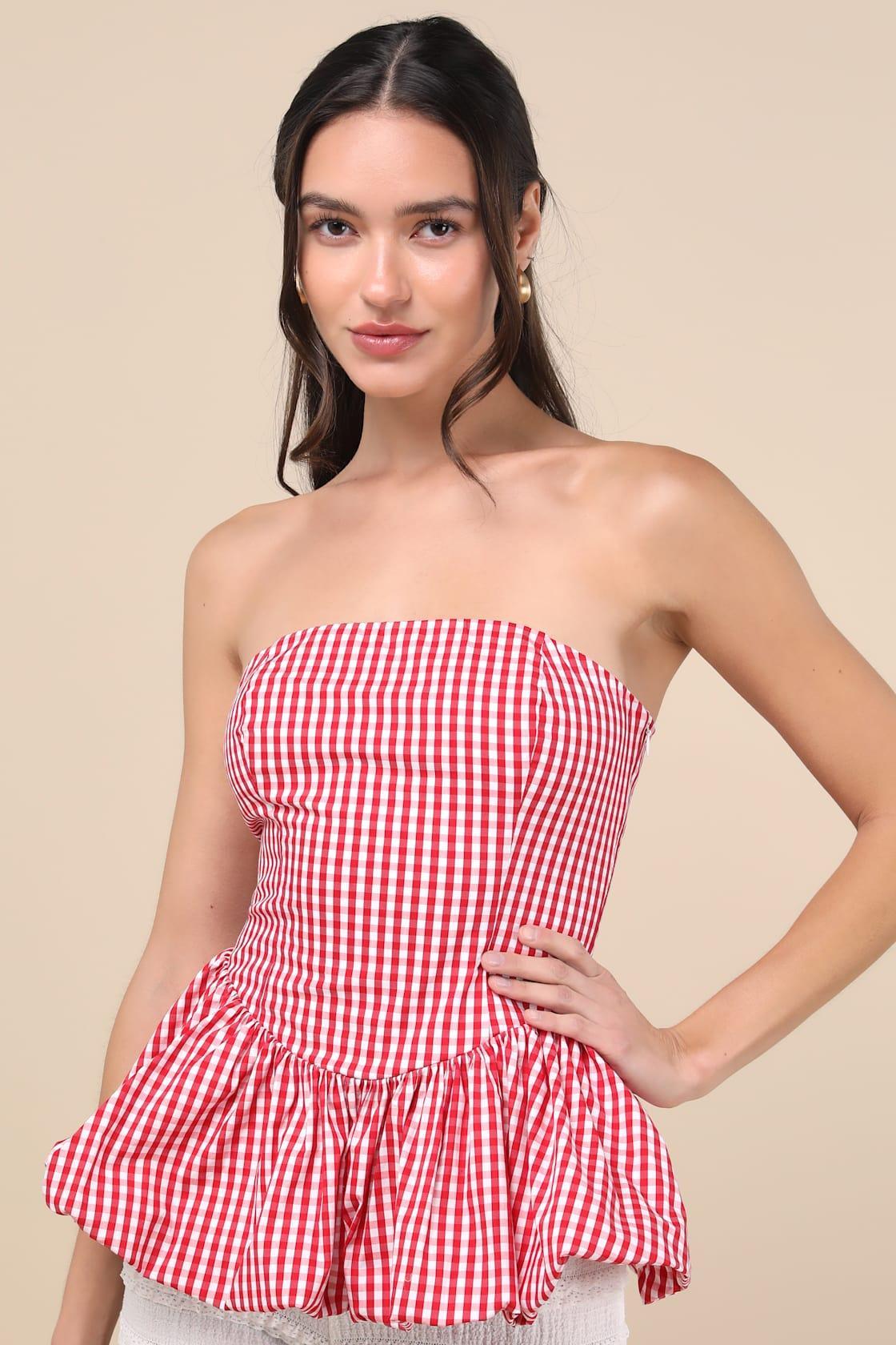Damaria Red Gingham Strapless Peplum Top Product Image