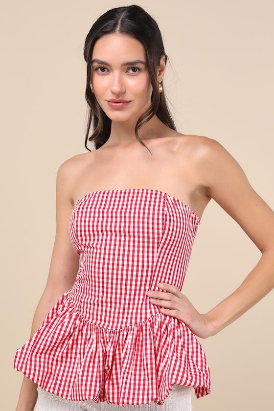 Damaria Red Gingham Strapless Peplum Top Product Image