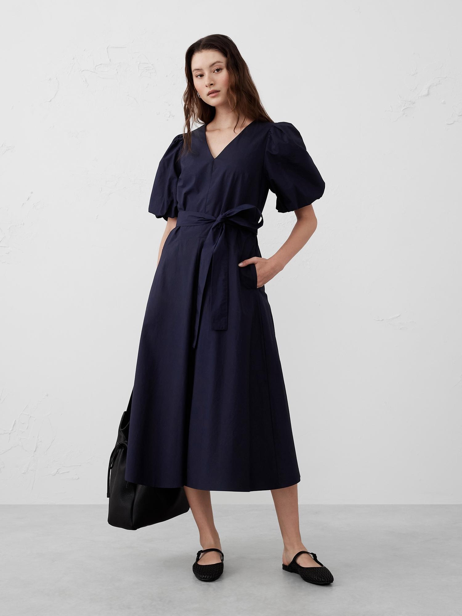 Puff-Sleeve Poplin Midi Dress Product Image