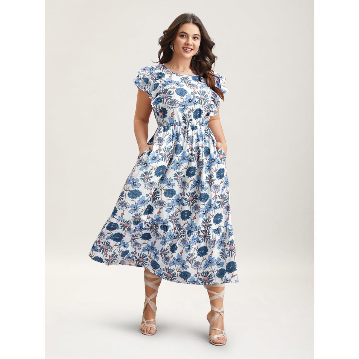 Plus Size Ruffled Floral Print Stretchy-Waist Midi Dress LightBlue Women Romantic Ruffles Round Neck Cap Sleeve Curvy BloomChic 10/M Product Image
