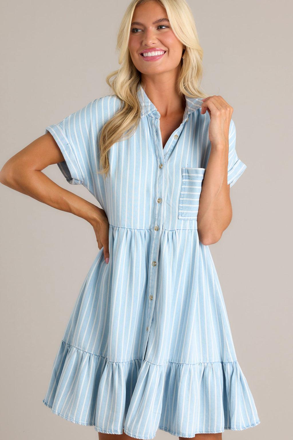 Whispering Waves Chambray Stripe Short Sleeve Mini Dress Product Image