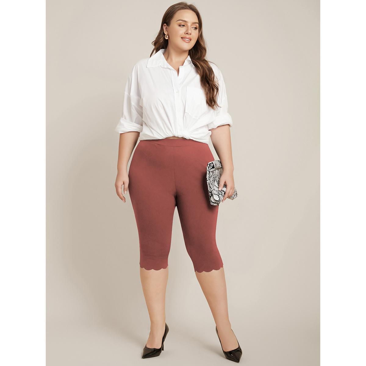 Plus Size Solid Scalloped Trim Elastic Waist Skinny Leggings Women Rust Elegant Low stretch Skinny High Rise Everyday Leggings BloomChic 18-20/2X Product Image