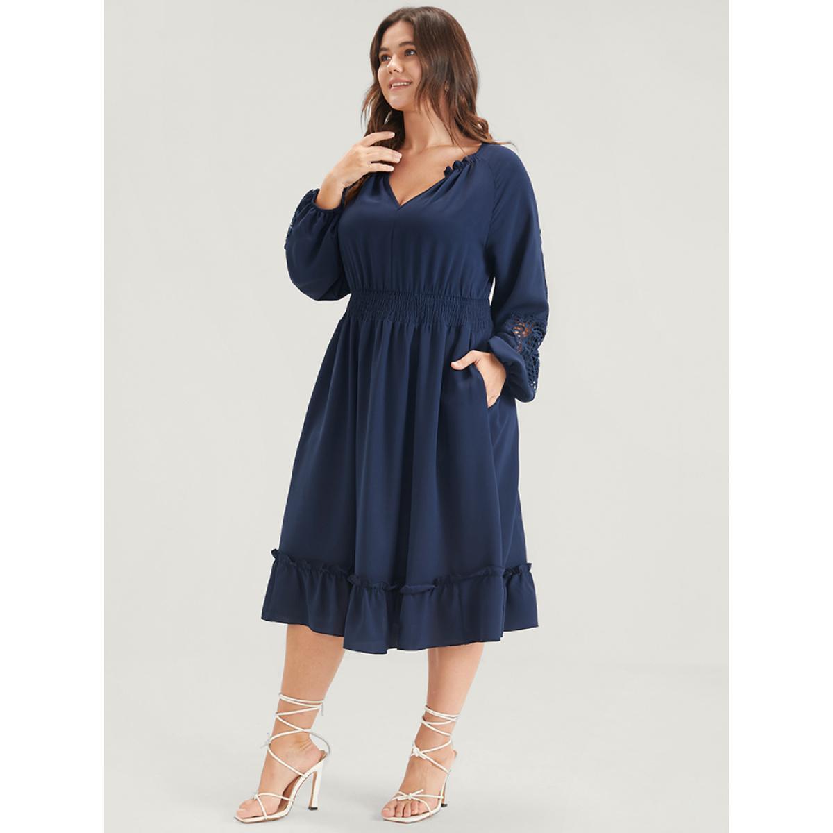 Plus Size Solid Pocket Crochet Lace Lantern Sleeve Ruffle Shirred Midi Dress DarkBlue Women Dating Plain V-neck Long Sleeve Curvy Midi Dress BloomChic 12/L Product Image