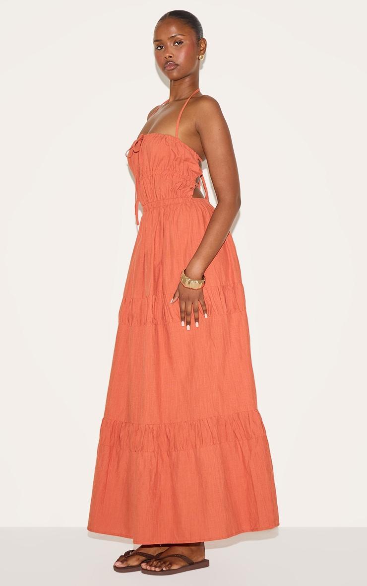 Rust Ruched Backless Strappy Maxi Dress Product Image