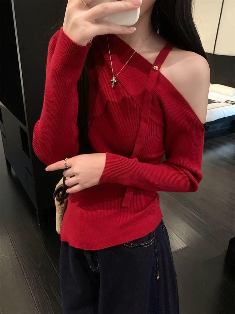 Long-Sleeve Asymmetrical Neck Cold-Shoulder Plain Ribbed Knit Top Product Image