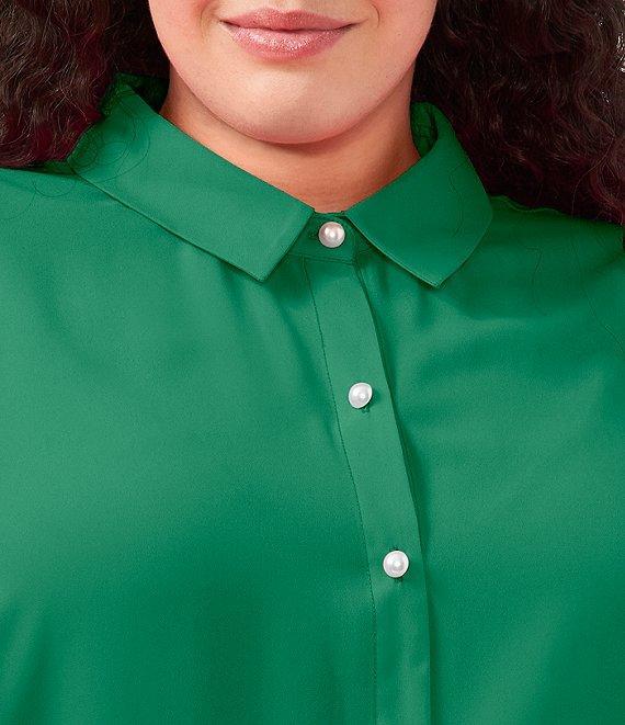 CeCe Plus Size Heavy Georgette Point Collar Long Sleeve Pearl Button Front Shirt Product Image