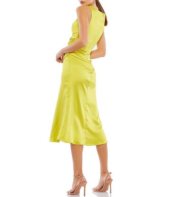 Mac Duggal Satin Surplice V-Neck Sleeveless Thigh High Slit Ruched Faux Wrap Midi Dress Product Image