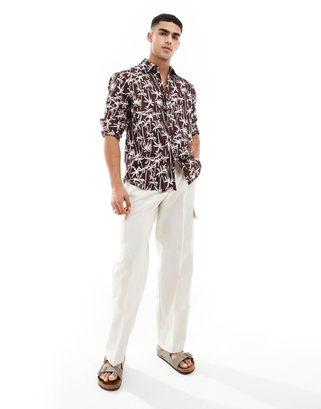 South Beach long sleeve linen look beach shirt in brown Product Image