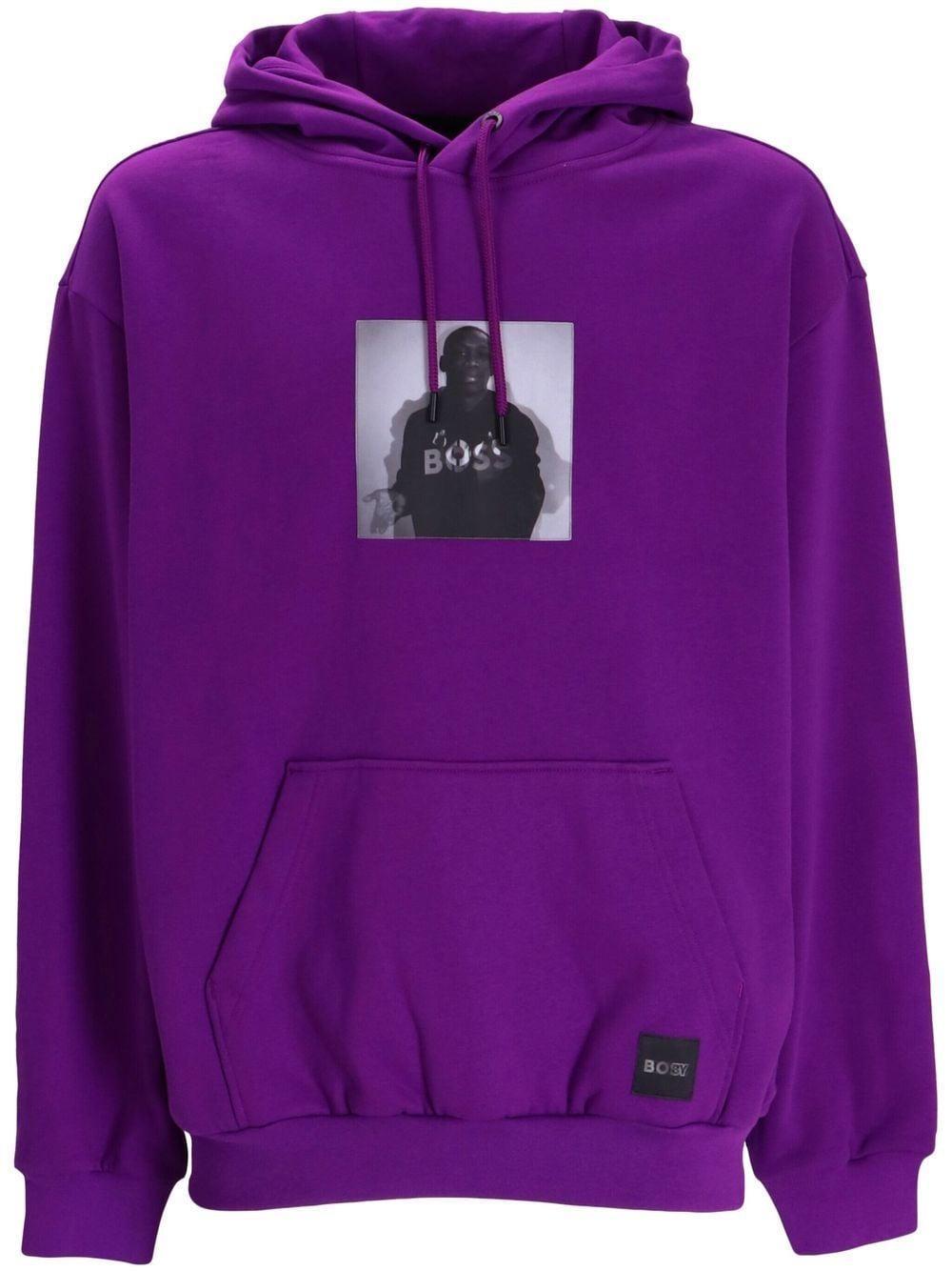 Boss X Khaby Relaxed-fit Cotton-blend Hoodie With Lenticular Artwork In Dark Purple Product Image