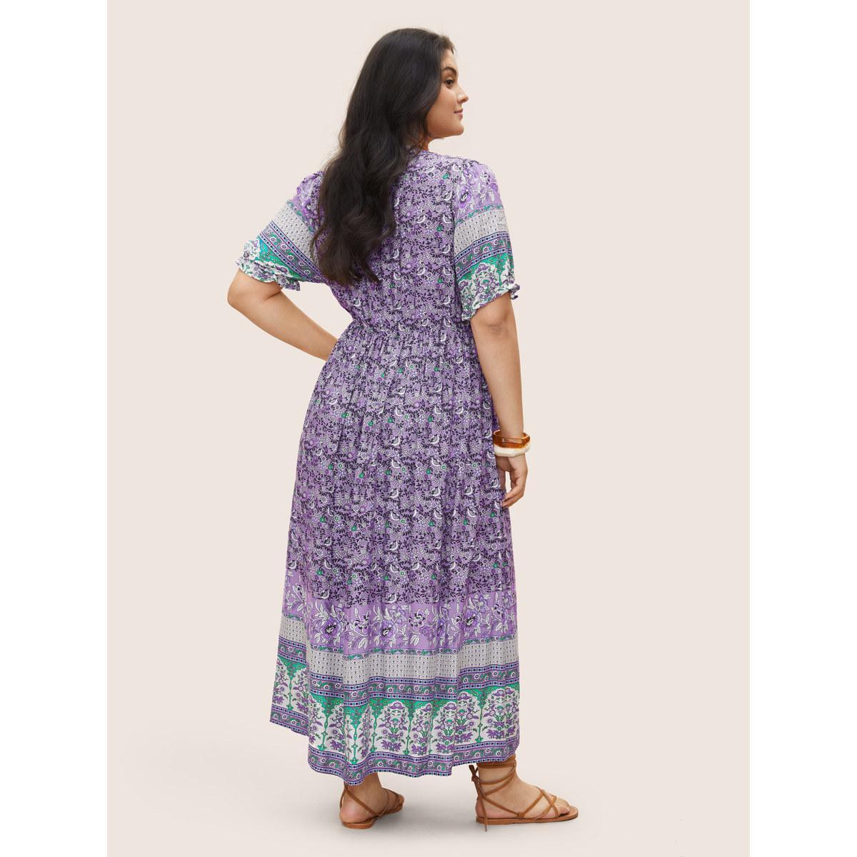 Plus Size Boho Print Notched Ties Tassel Trim Dress Lilac Women Boho Non Flat collar with V-notch Short sleeve Curvy BloomChic 14-16/1X Product Image