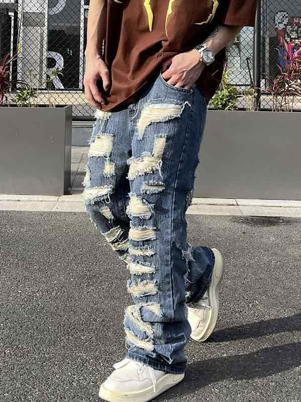 Men's Washed Ripped Flare Loose Jeans Product Image