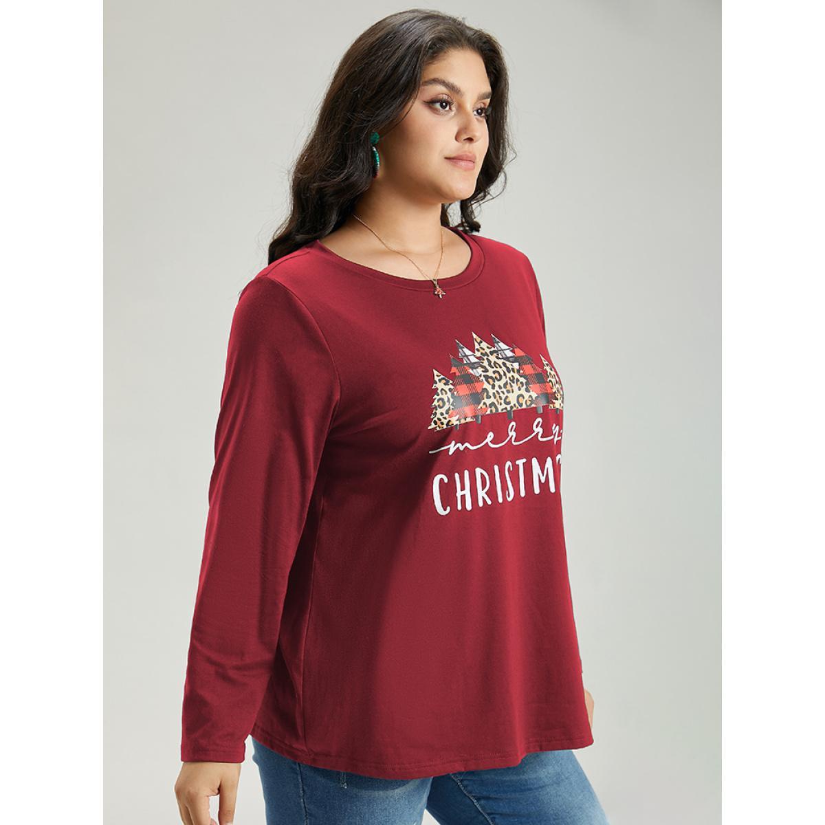Plus Size Christmas Trees Letter Print Round Neck T-shirt Raspberry Women Casual Printed Christmas Festival-Christmas T-shirts BloomChic 18-20/2X Product Image