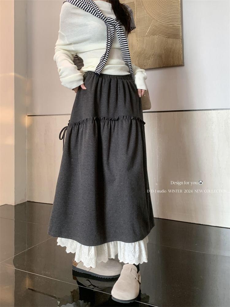 High Waist Plain Lace Trim Maxi A-Line Skirt Product Image