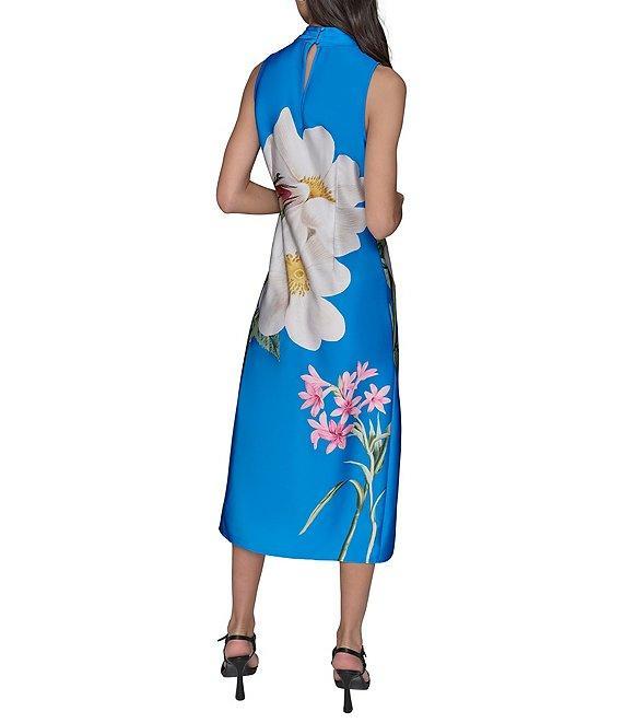 KARL LAGERFELD PARIS Satin Placement Floral Print Mock Neck Sleeveless Shift Midi Dress Product Image