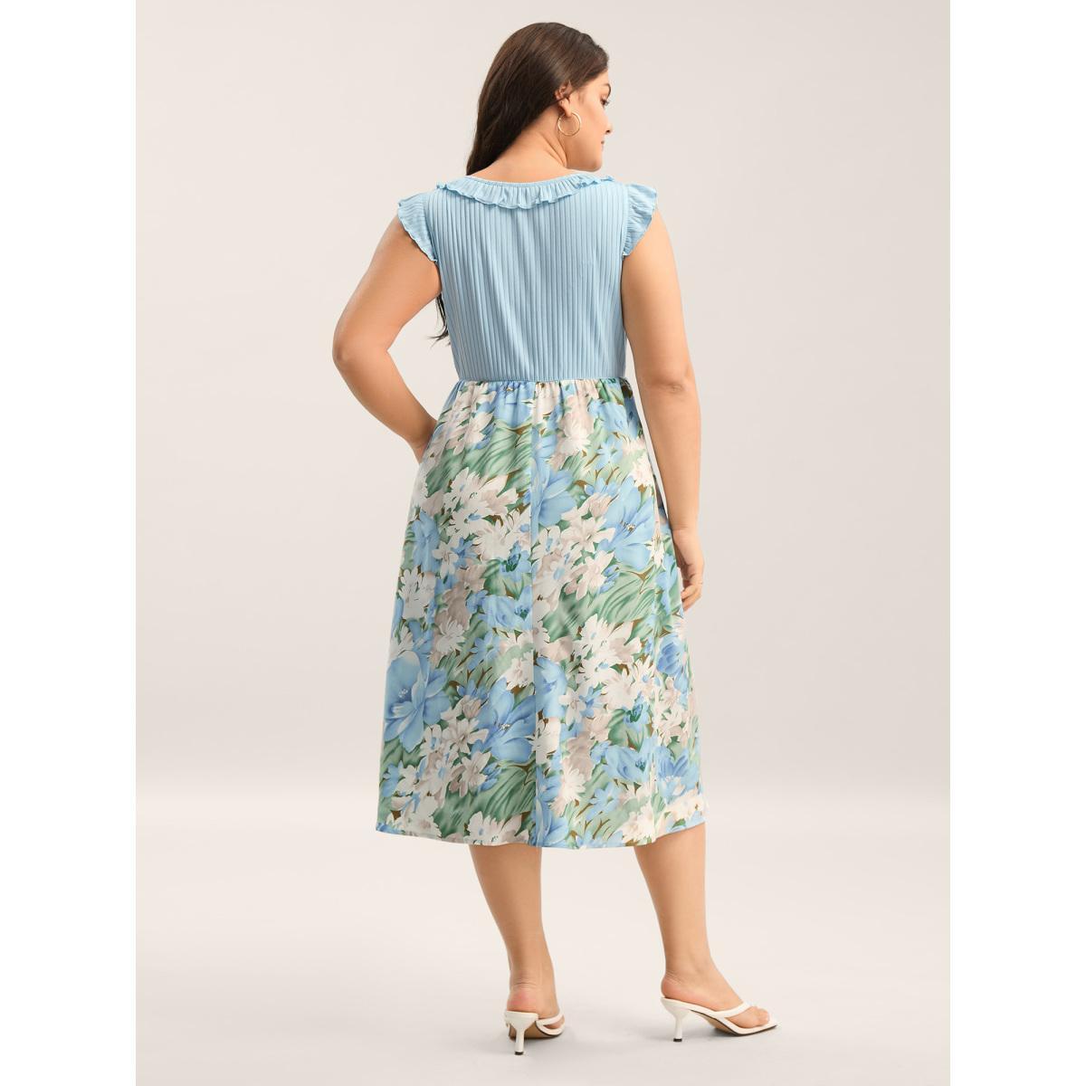 Plus Size Floral Print Ribbed Stretchy Waist Midi Dress LightBlue Women Round Neck Sleeveless Curvy BloomChic 12/L Product Image