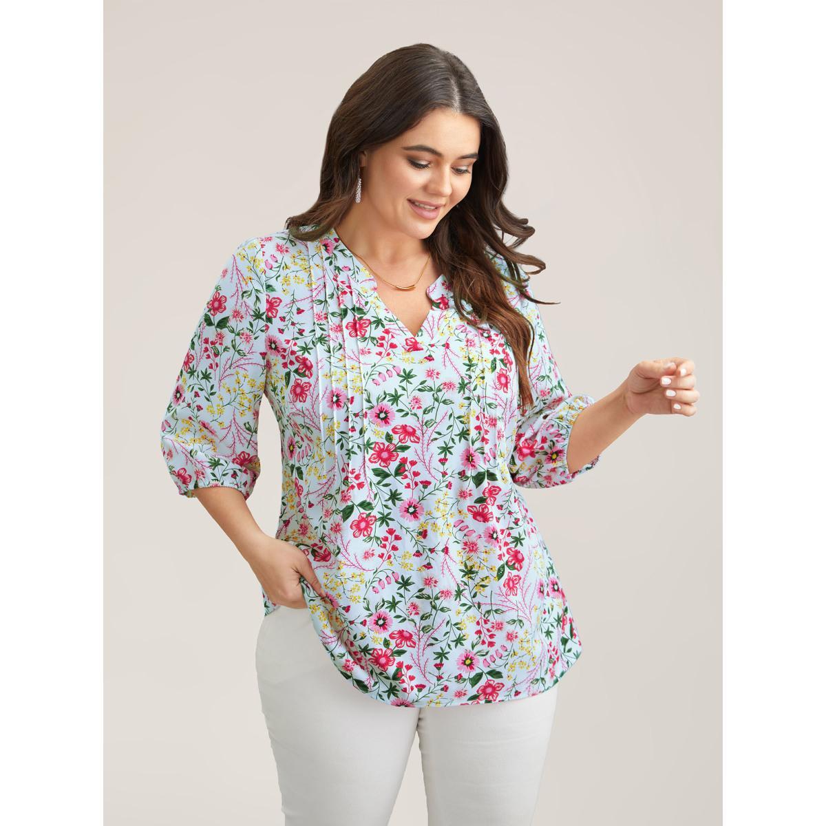 Plus Size LightBlue Floral Print Notched Collar Shirt Women Timeless Elbow-length sleeve Notched collar Elegant Blouses BloomChic 14-16/1X Product Image