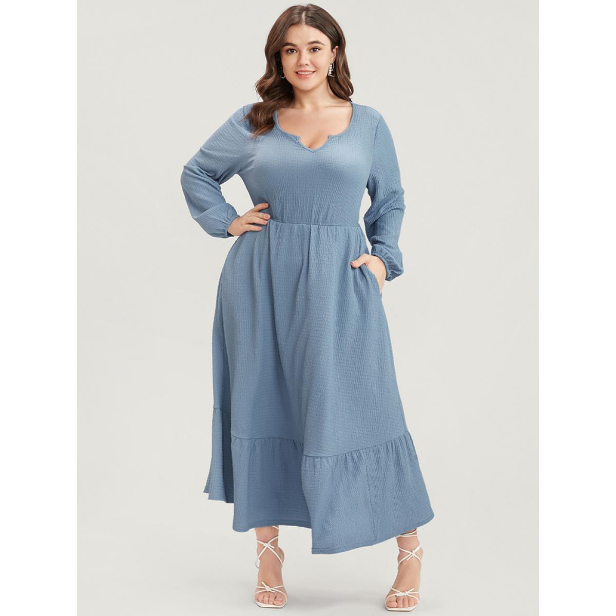 Plus Size Solid Textured Notched Pocket Lantern Sleeve Ruffle Hem Dress LightBlue Women Elegant Pocket V-neck Elbow-length sleeve Curvy Midi Dress BloomChic 22-24/3X Product Image