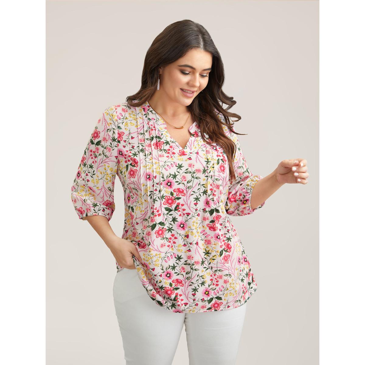 Plus Size LightBlue Floral Print Notched Collar Shirt Women Timeless Elbow-length sleeve Notched collar Elegant Blouses BloomChic 14-16/1X Product Image