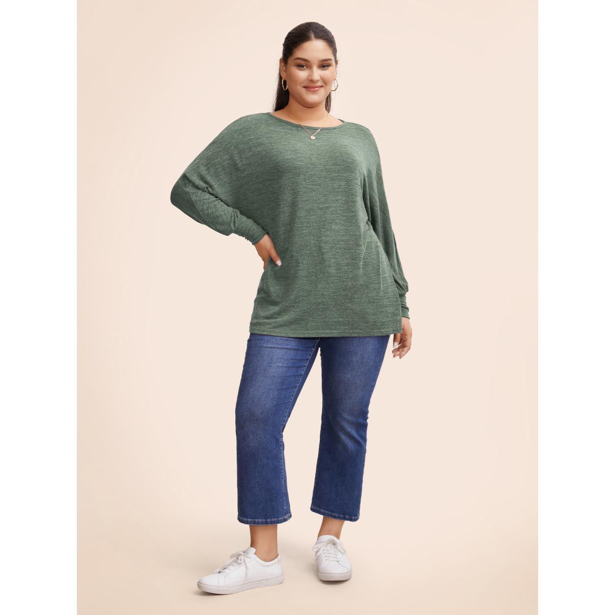 Plus Size Plain Heather Elastic cuffs Dolman Sleeve T-shirt Green Women Casual Elastic cuffs Plain Round Neck Everyday T-shirts BloomChic 14-16/1X Product Image