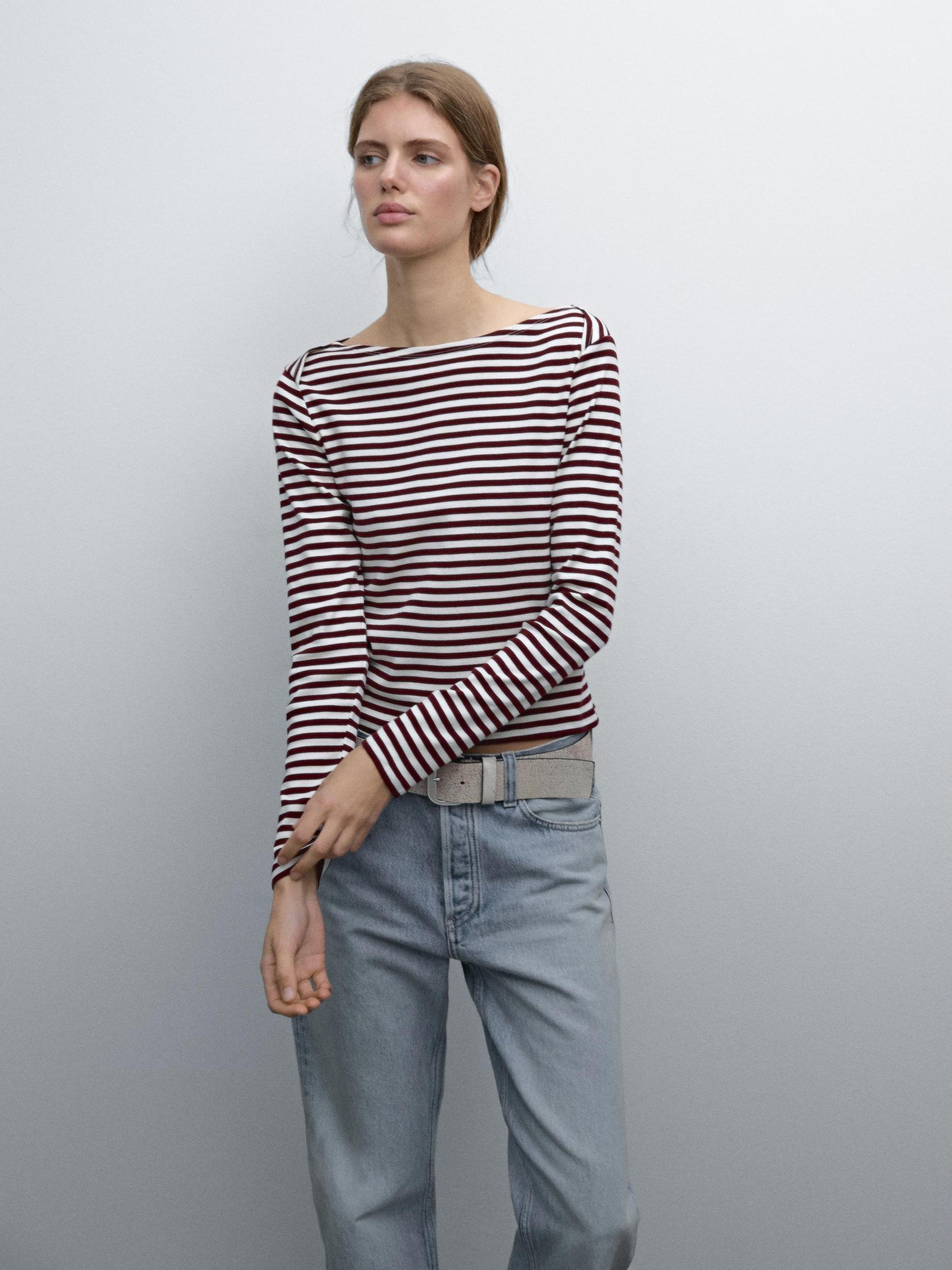 Striped T-shirt with crossover shoulder detail Product Image