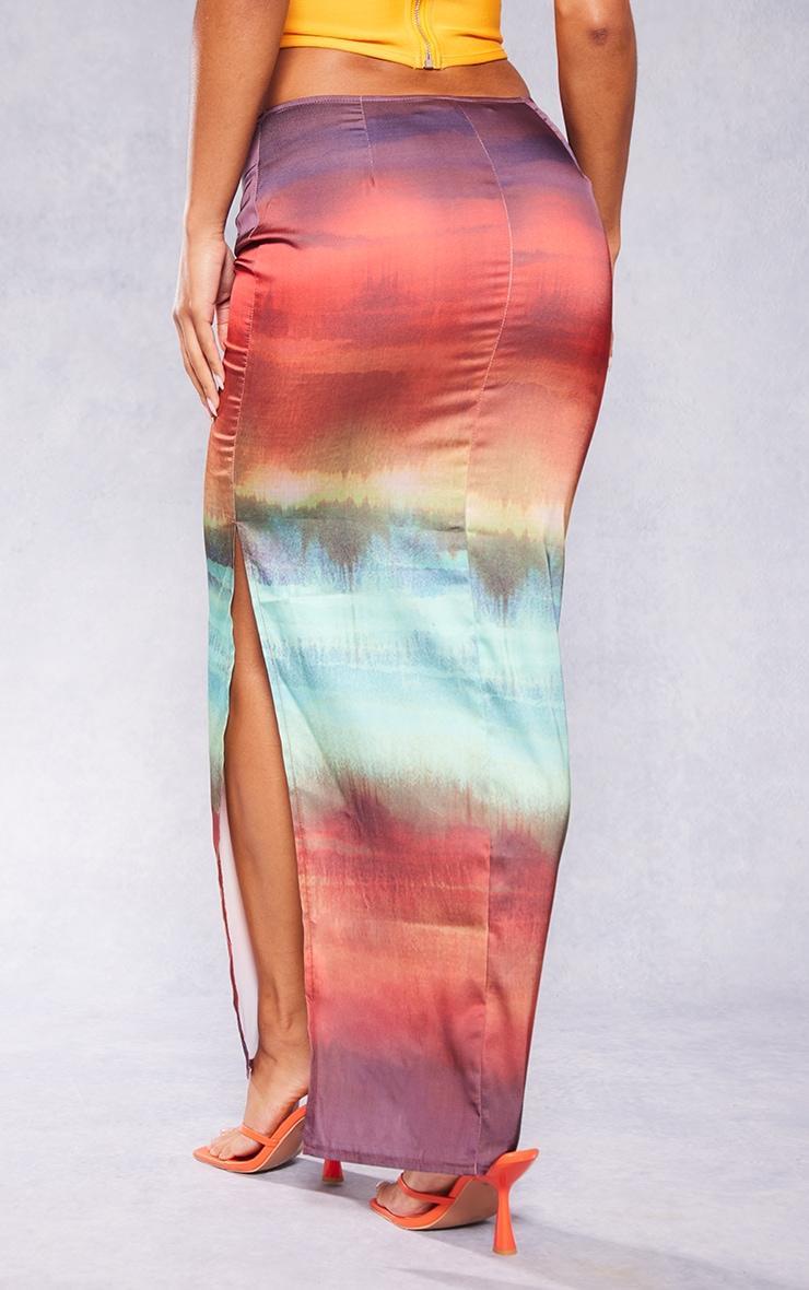 Red Tie Dye Printed Satin Low Rise Maxi Skirt Product Image