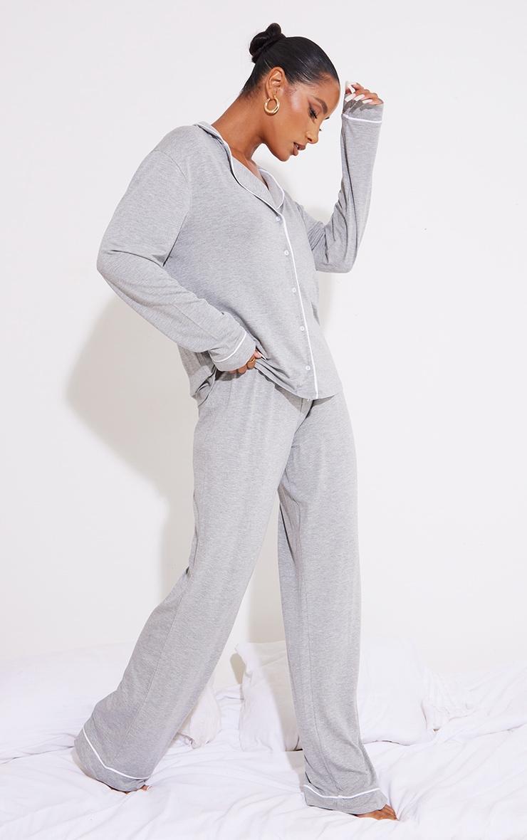Grey Jersey Piping Detail Long PJ Set Product Image