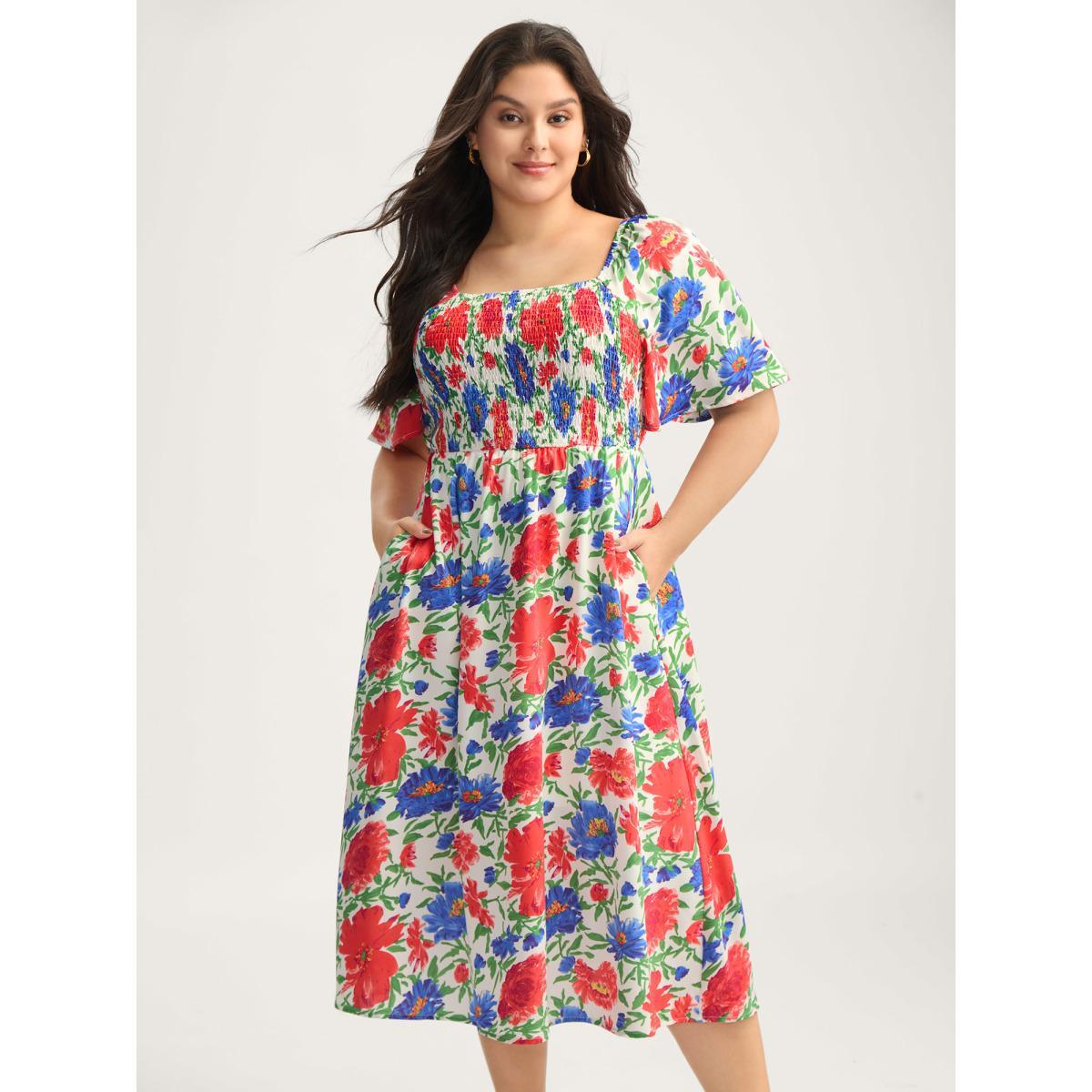 Plus Size Sunkissed Floral Shirred Pockets Midi Dress Multicolor Women Shirred Square Neck Short sleeve Curvy BloomChic 12/L Product Image