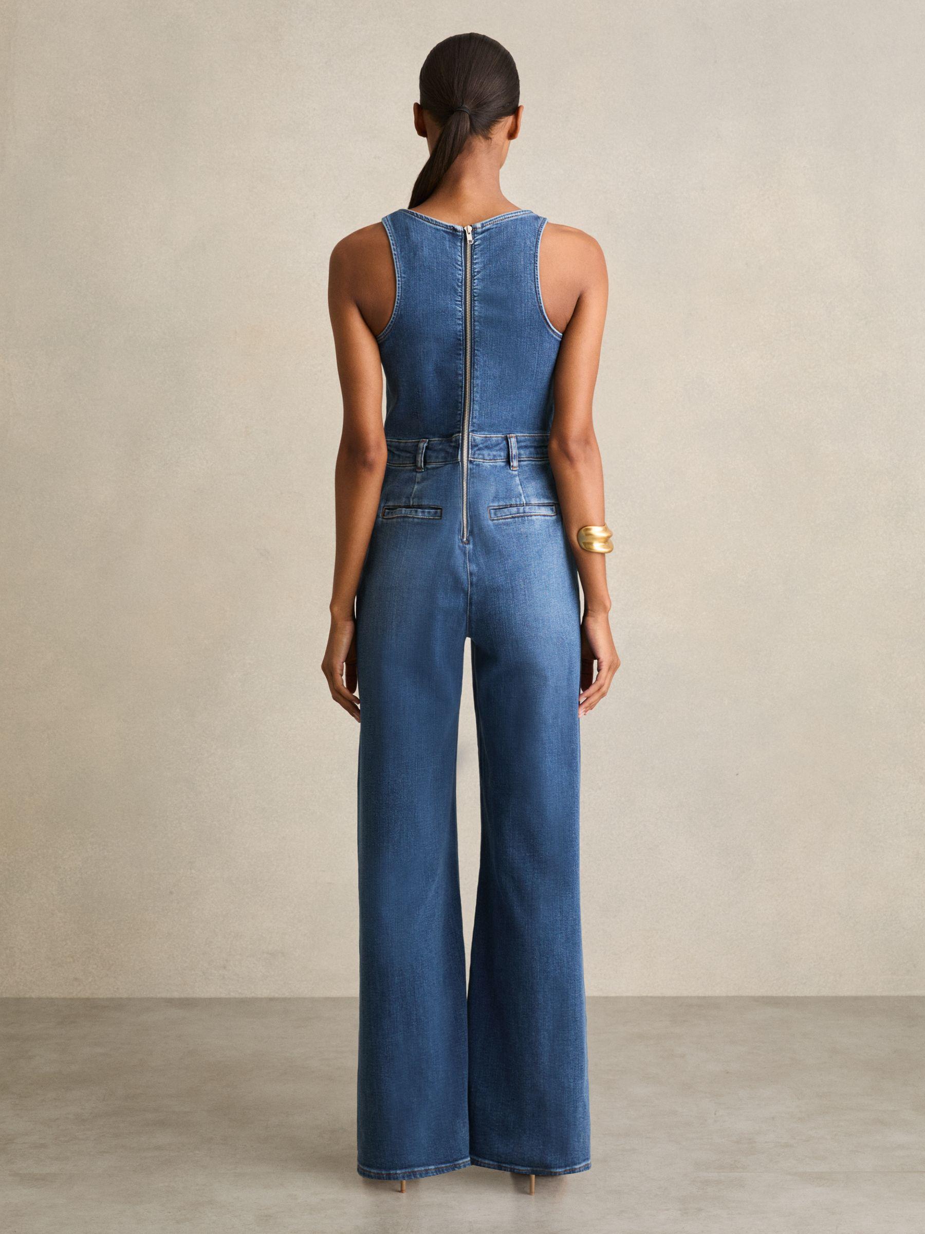 Wide-Leg Racer-Back Denim Jumpsuit in Indigo Product Image