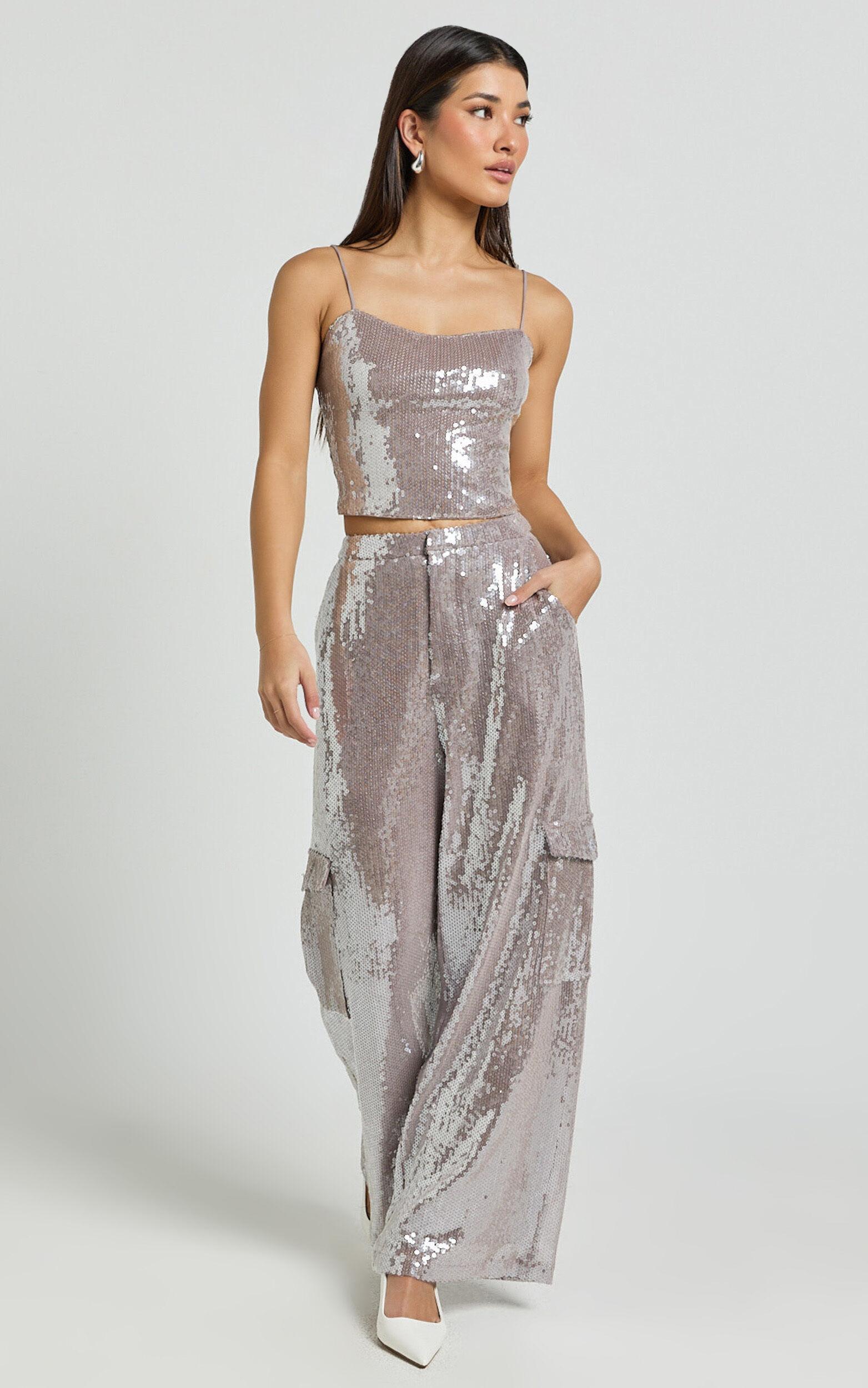 Tricia Pants - Mid Waist Cargo Pocket Sequin Pants in Grey Product Image