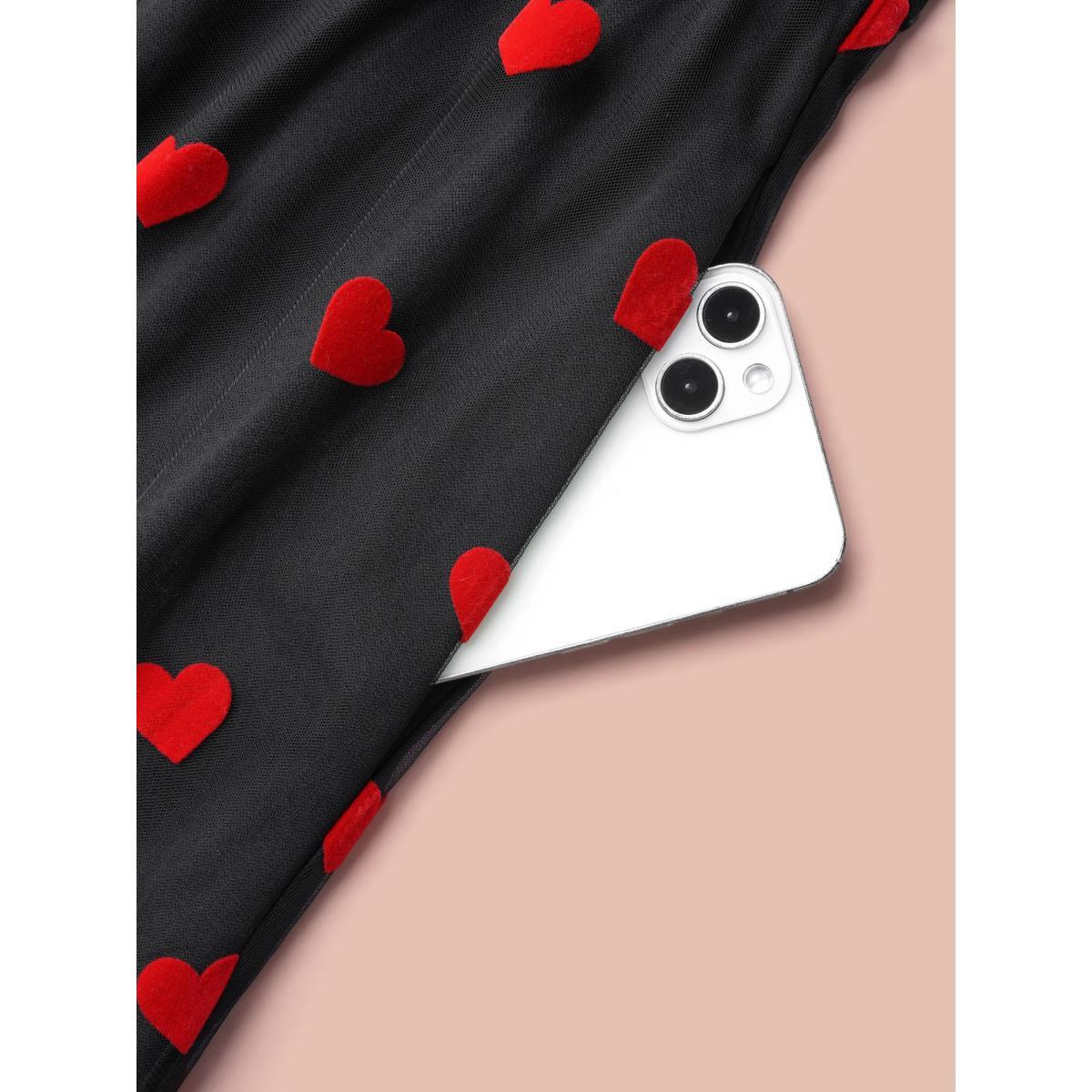 Plus Size Flocking Heart Mesh Patchwork Midi Dress Black Women Cocktail Texture Party Curvy Bloomchic 12/L Product Image