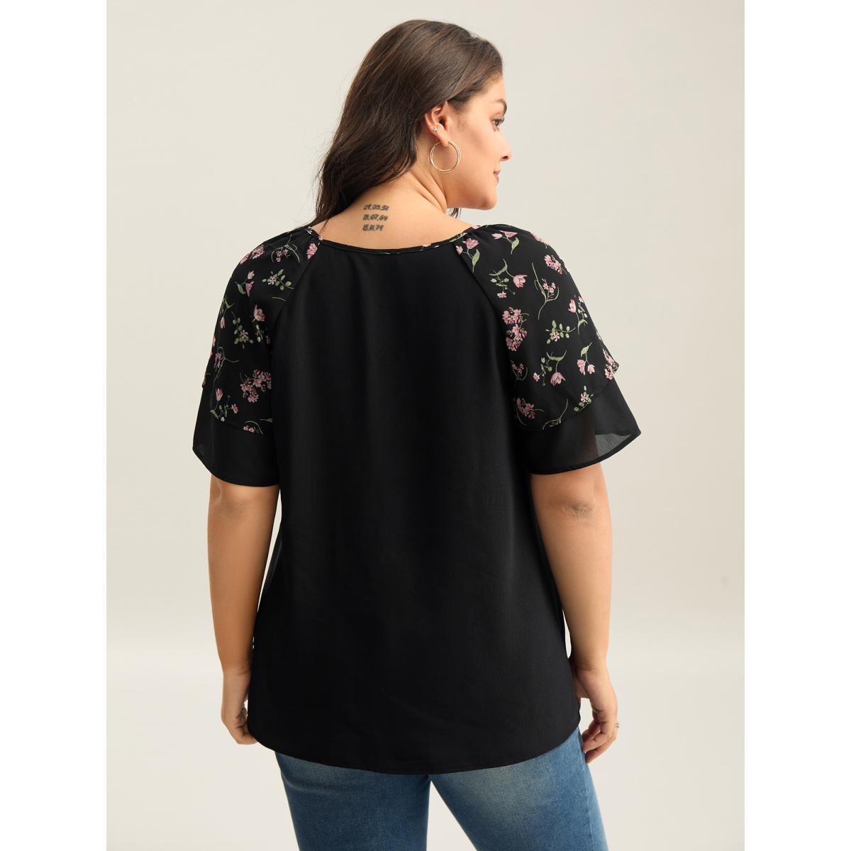 Plus Size Black Floral Layered Sleeve Solid Blouse Women Leisure Short sleeve V-neck Casual Blouses BloomChic 22-24/3X Product Image