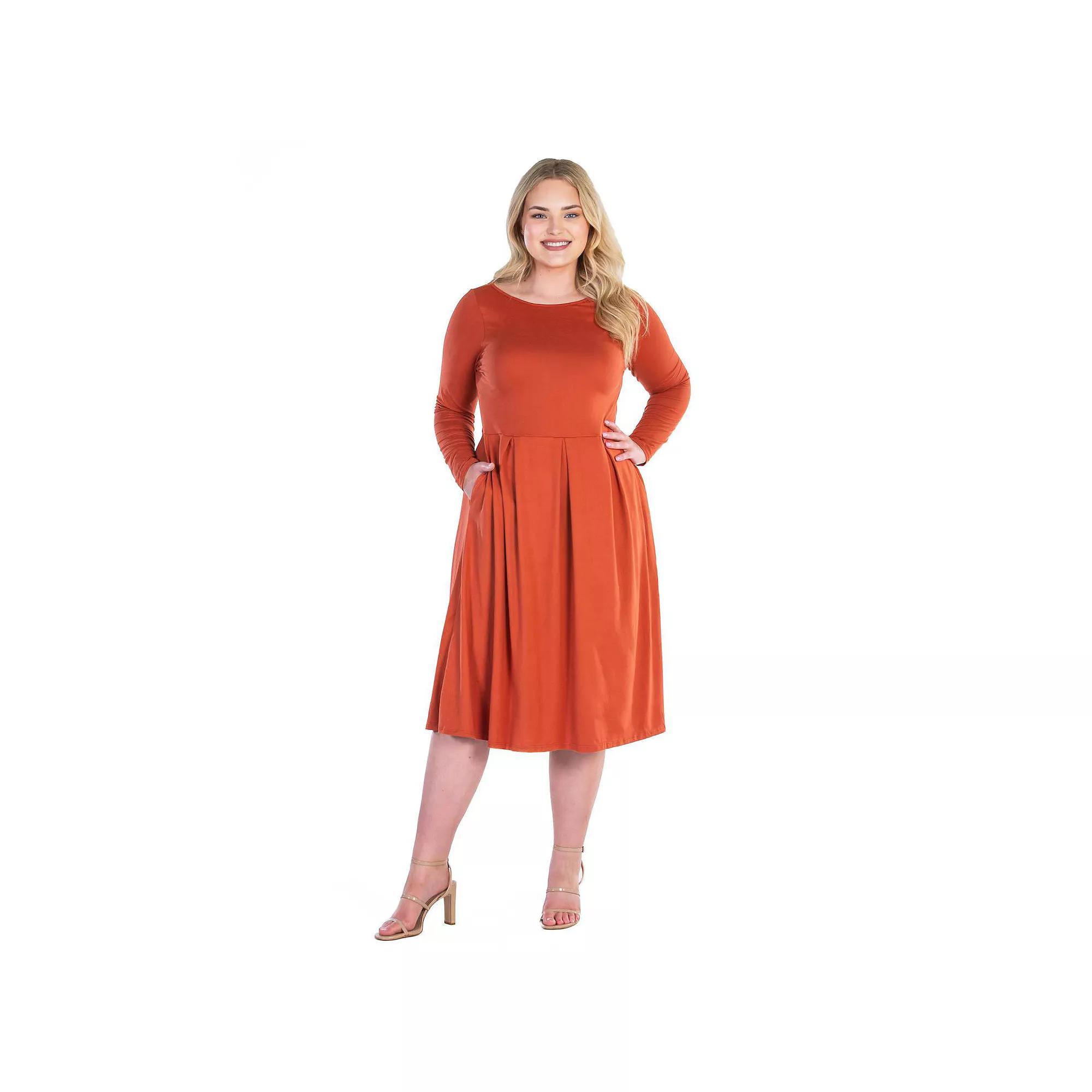Plus Size 24seven Comfort Apparel Long Sleeve Fit & Flare Midi Dress, Women's, Size: 2XL, Red Product Image